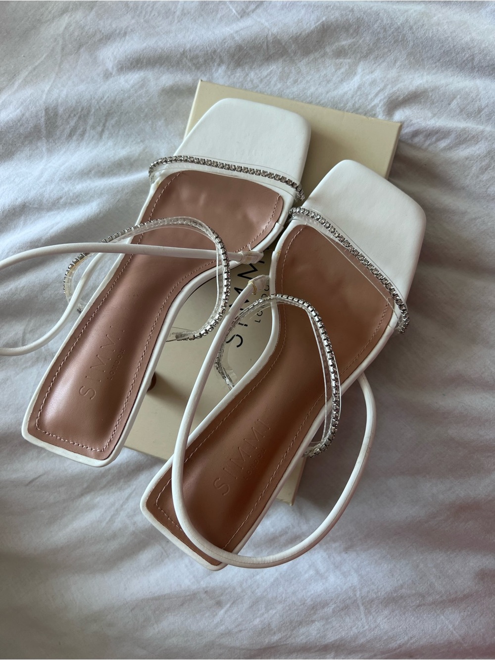White Rhinestone-Strap Square-Toe Sandals with Lace-Up Straps